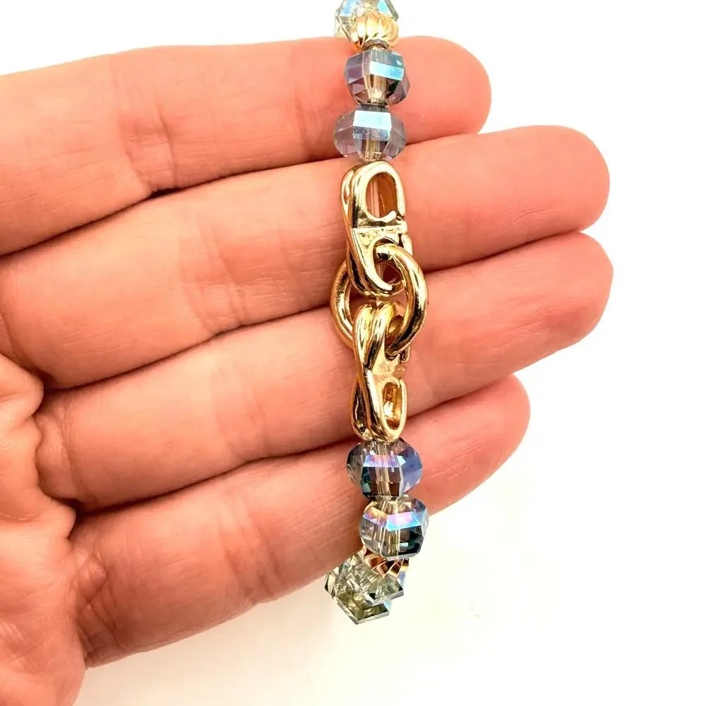 Erimish Blue Aurora Borealis Crystal Beaded Stacking Bracelet Stretch Gold Tone